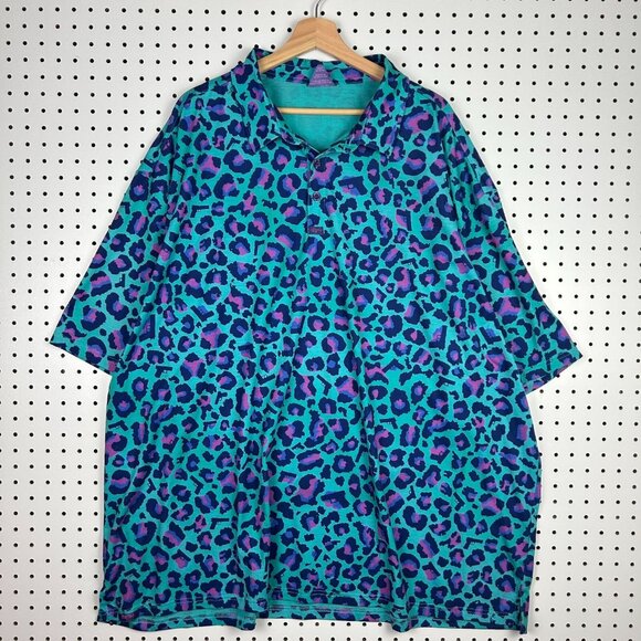 Retro Rifle Leopard Miami Polo‎ Shirt Size 4XL RARE PRINT Golf Performance LOUD - Picture 1 of 6